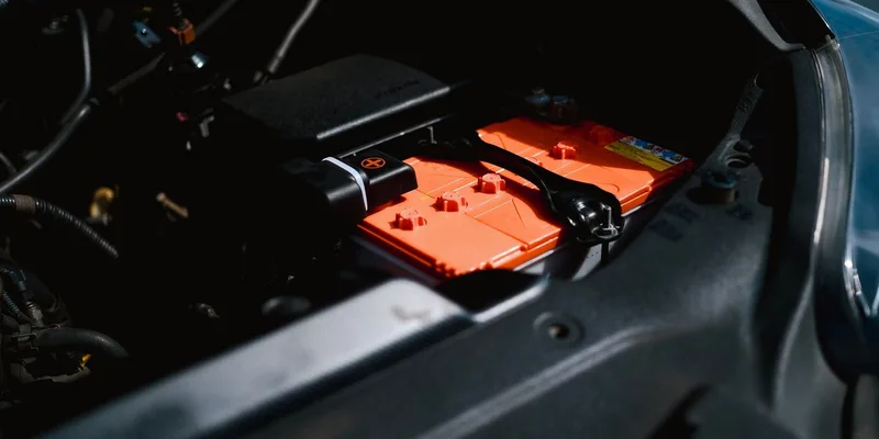 Detailed view of an electric car battery inside a vehicle's engine compartment