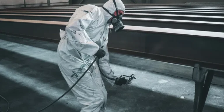 Worker in protective gear spray painting metal beams inside a factory setting