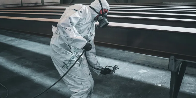 Worker in protective gear spray painting metal beams inside a factory setting