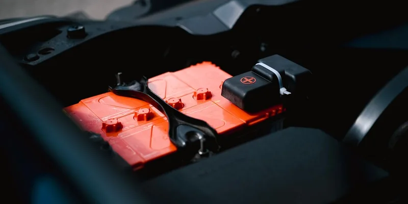 Detailed view of an orange car battery inside a vehicle's engine bay