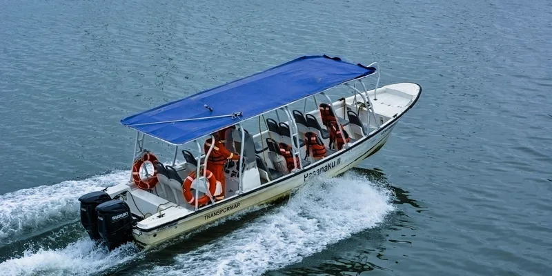 Aerial view of motorboat with a blue canopy swiftly moving across open water
