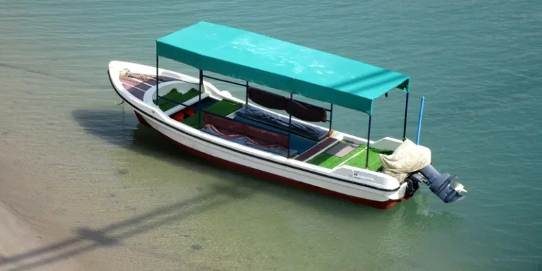 A small motorboat anchored on clear blue water with a green canopy, seen from above