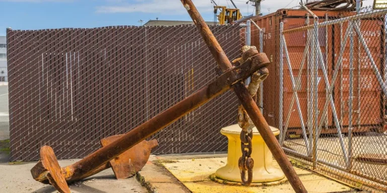A large rusty anchor alongside containers in a bustling shipyard