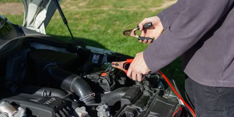 Close-up of mechanic using jumper cables to jump-start a car battery outdoors