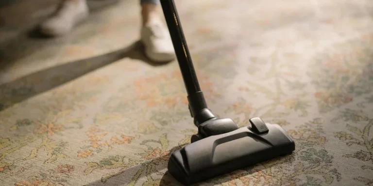 Close-up of a vacuum cleaner on a patterned carpet in a sunlit room