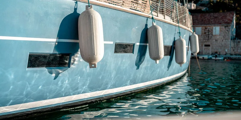 Blue boat with fenders docked at sea
