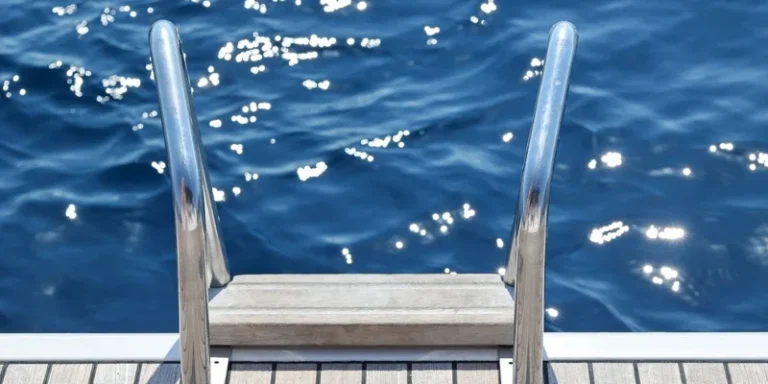 A metal ladder descending from a pier into calm, sunlit water