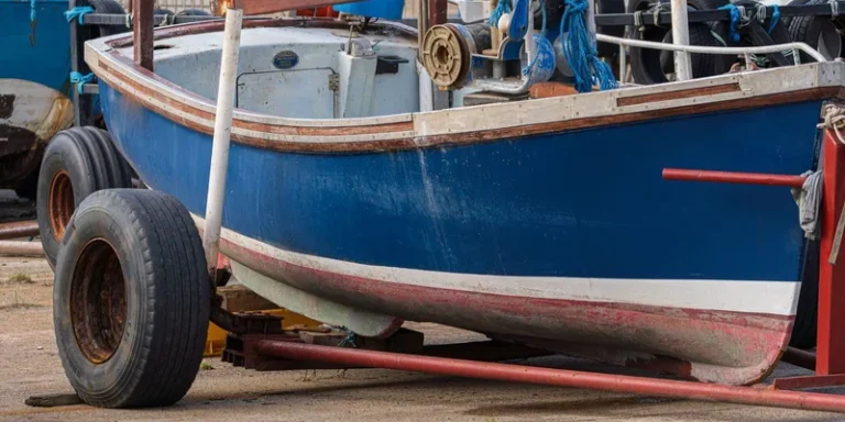 Detailed view of a fishing boat on a trailer in Newbiggin-by-the-Sea, UK