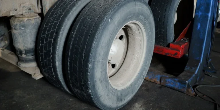 Close-up of truck tires in a garage awaiting maintenance. Industrial setting with a focus on wheels