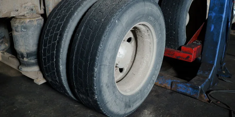 Close-up of truck tires in a garage awaiting maintenance. Industrial setting with a focus on wheels