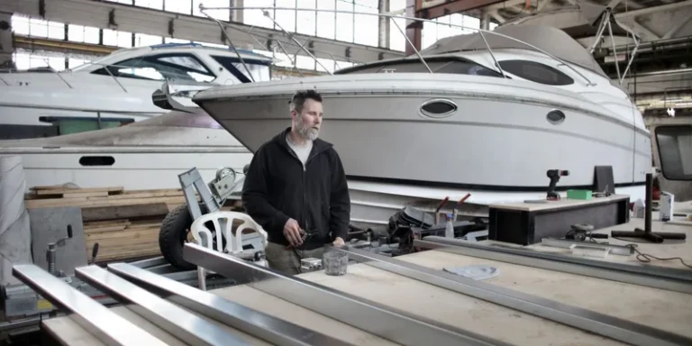 Mechanic repairing boats in an industrial workshop with a focus on yacht maintenance