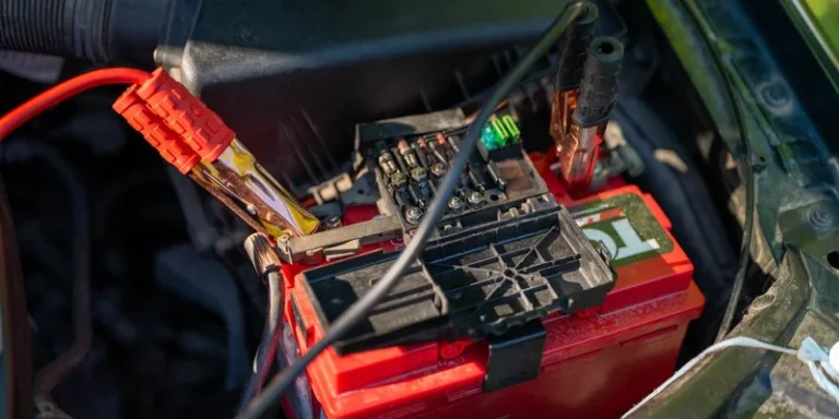 Close-up view of a car battery with red jumper cables connected, outdoors