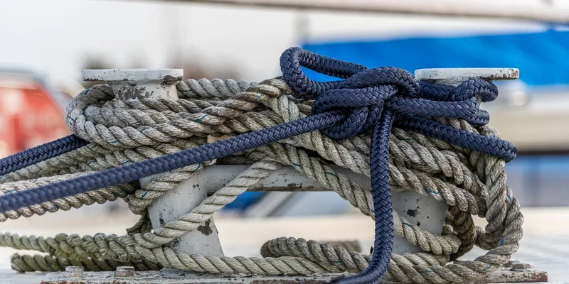 Detailed view of nautical ropes tightly knotted on a metal cleat on a boat deck
