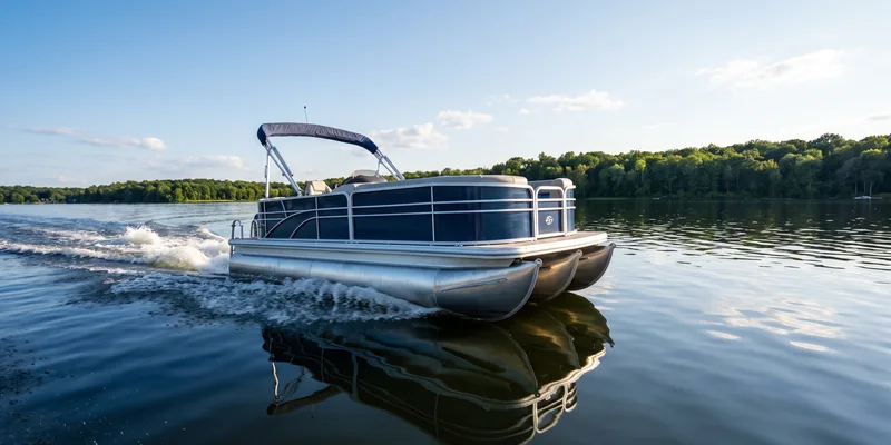 Pontoon boat cruising at speed across a lake with a white wake behind the toons