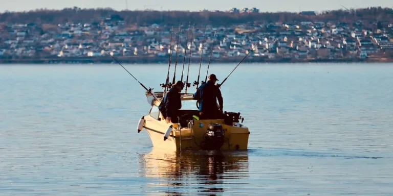 Two anglers enjoy a peaceful day fishing from a boat on a calm lake with a town in the background