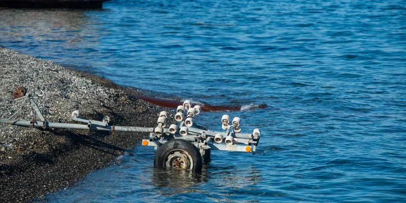 Boat trailer partially submerged on a pebble beach
