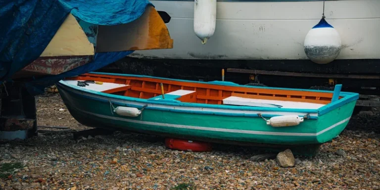Vibrant turquoise and orange wooden rowboat on a pebble beach beside larger boats