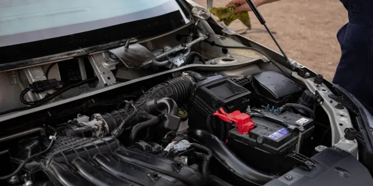 Mechanic inspecting car engine bay and battery during routine maintenance