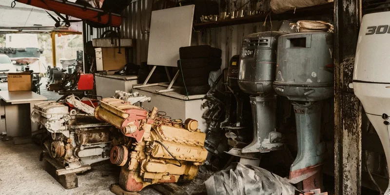 Interior of a workshop featuring engines, machinery, and outboard motors in a rustic setting