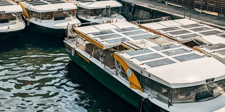 A fleet of solar-powered boats docked at an urban marina
