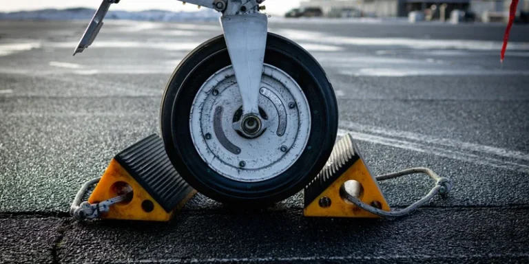 Detailed close-up of an aircraft wheel secured with chocks on an airport tarmac in Sylt, Germany